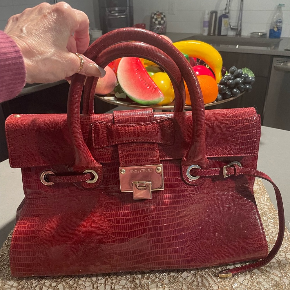 Jimmy Choo Crimson Croc-Embossed Satchel